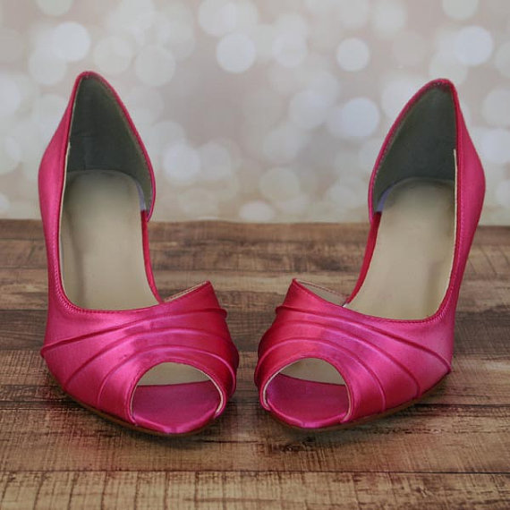 Hochzeit - Custom Wedding Shoes -- Fuschia Kitten Heel Peep Toe Wedding Shoes