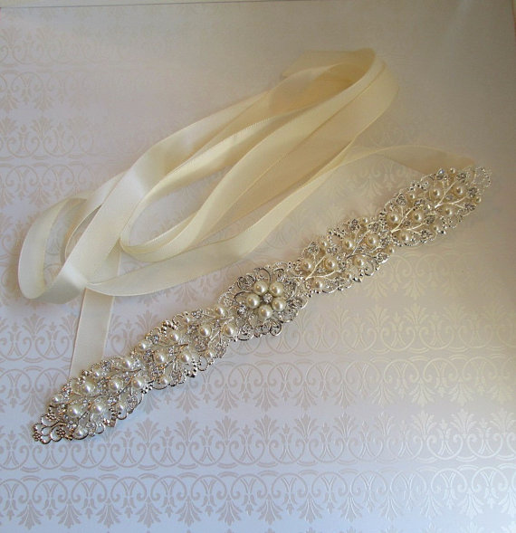 Mariage - wedding sash pearl bridal belt rhinestone sash silver belt crystal wedding dress belt jeweled ribbon sash belt