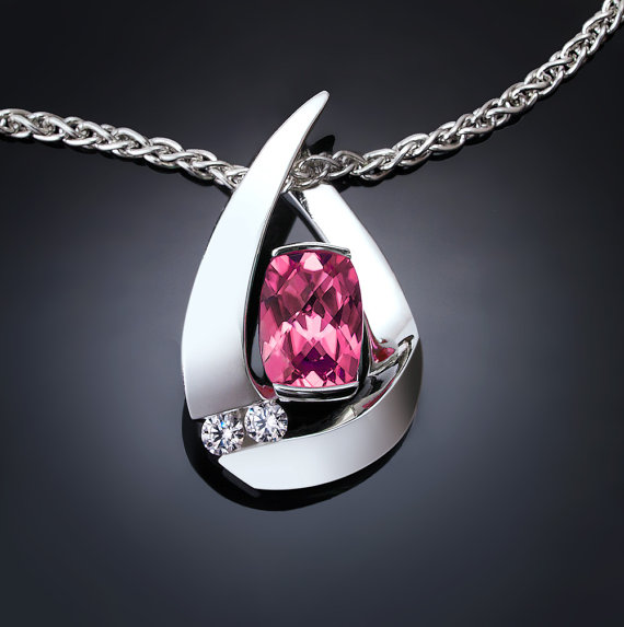 Wedding - pink topaz necklace - wedding - white sapphires - Argentium silver pendant - contemporary jewelry - 3378