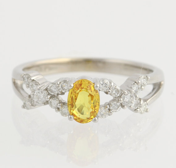 Свадьба - Yellow Sapphire & Diamond Anniversary Ring - 18k White Gold Engagement .92ctw F8083