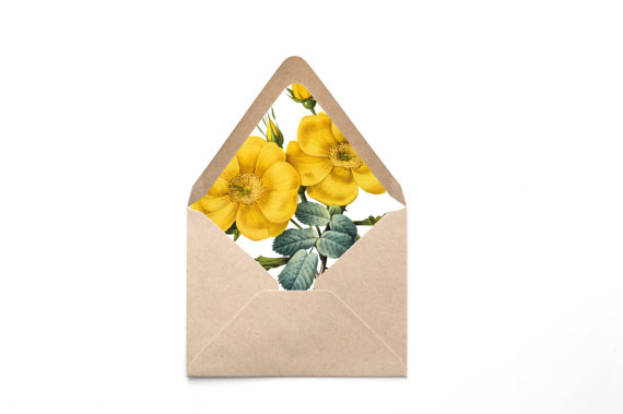 زفاف - Envelope Liner Template, Yellow and Green Botanical,  Print Multiple Sizes, Instant Download
