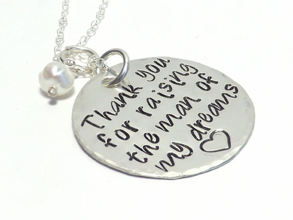 Свадьба - Sterling Silver 1" Thank You For Raising The Man of My Dreams Necklace for Mother in Law, Bridal Jewelry, Wedding Jewelry, Mothers Necklace