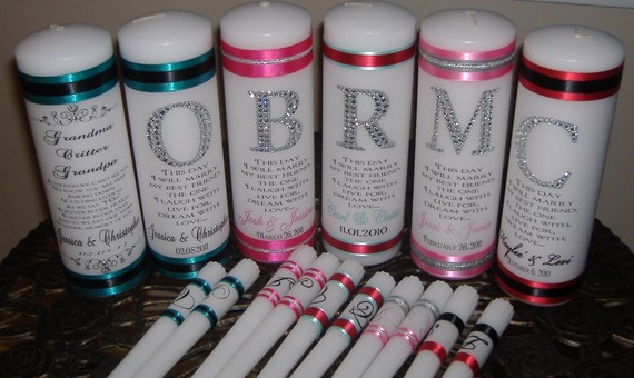 Свадьба - Crystal Monogrammed Unity Candle Set - your choice of ribbon color and verse