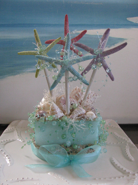Wedding - Starfish Beach Wedding Cake Topper-Ocean Bubbles Seashells Sand Wedding Cake Topper