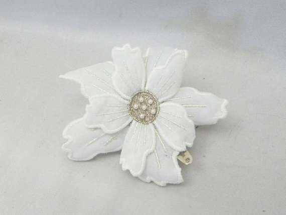 Wedding - White Flower embroidered flower hair clip