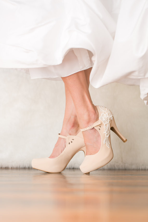 زفاف - Nude Wedding Heels - Bridal Shoes, Nude Mary Jane Heels, Wedding Shoes, Nude Heels with Ivory Lace. US Size 7.5