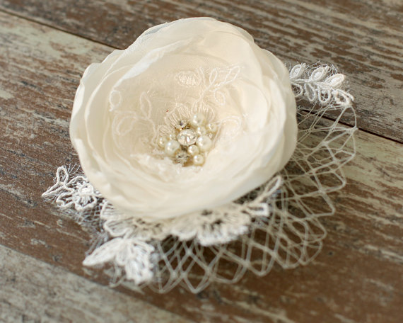 Wedding - Wedding bridal hair accessories, flower hair clip, wedding headpiece, fascinator, vintage rustic ivory flower, netting, pearl, rhinestones