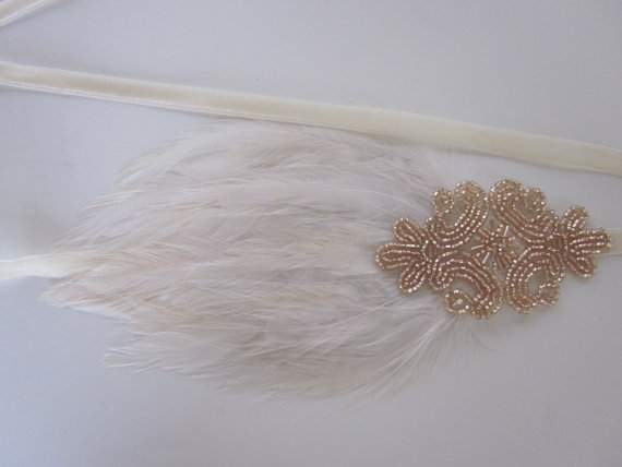 زفاف - Champagne Flapper Headpiece Great Gatsby 1920s Wedding Headband Cream Ivory Feather Fascinator on Matching Ribbon