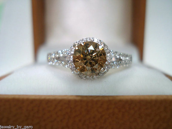 Hochzeit - Fancy Champagne Brown Diamond Engagement Ring 1.25 Carat 14K White Gold Halo Bridal Ring Handmade