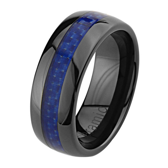 8mm High Polish Black Ceramic Comfort Fit Band Blue Carbon Fiber