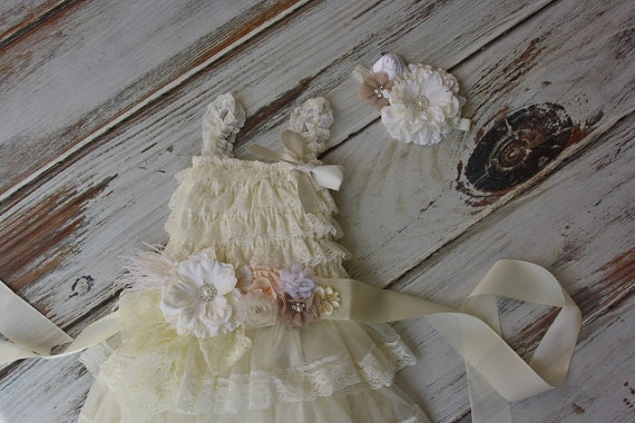 Wedding - Ivory Flower Girl Dresses with sash and headband - Lace dress- Rustic Girls Dress- Baby Lace Dress- Junior Bridesmaid