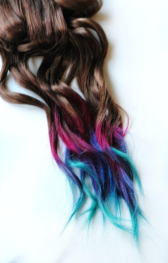 Свадьба - RESERVED Brunette Lauren Conrad Inspired - Human Hair Extensions / Tie Dyed Clip Ins // Brown Pink Purple Blue / Ombre Rainbow