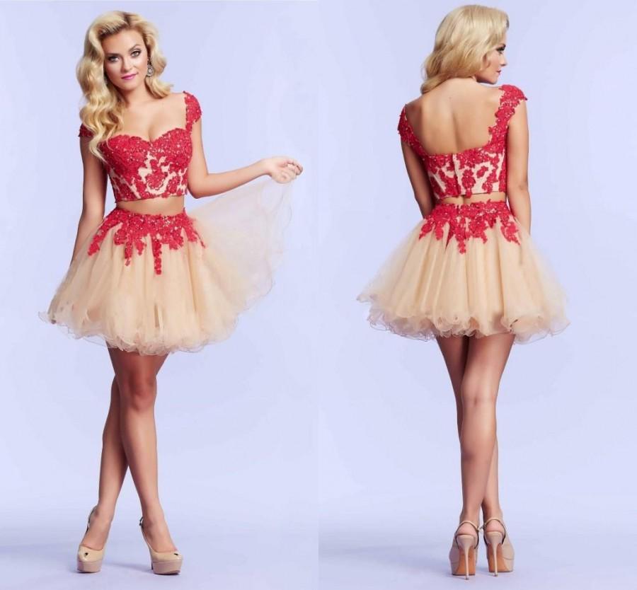 Свадьба - 2015 Red Lace Cap Sleeve Short Prom Dresses With Applique Sweetheart Two Piece A-Line Short Ball Dress Tulle Mini Homecoming Party Gowns Online with $95.15/Piece on Hjklp88's Store 