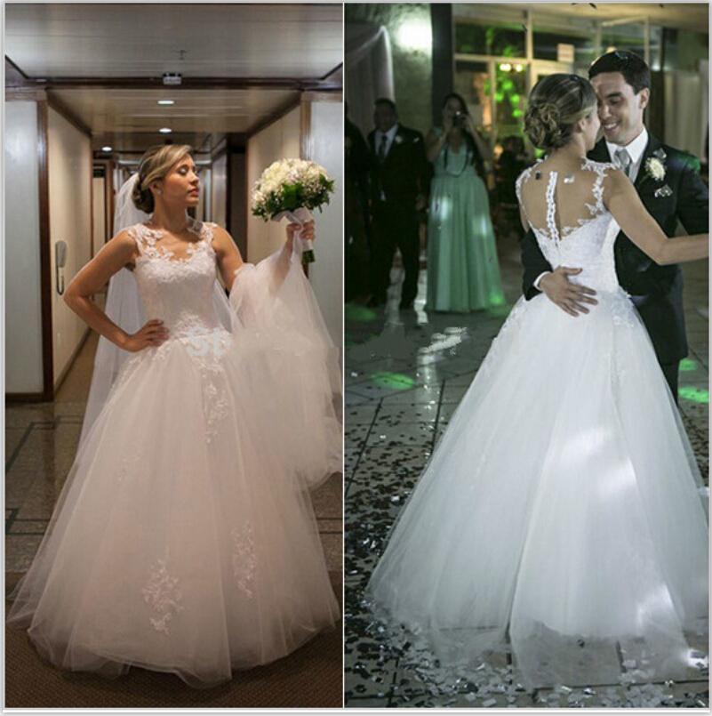 Свадьба - Real Picture Wedding Dresses Appliques 2015 Tulle Sheer Neck Sleeveless Zip Back Spring Chapel Length Ball Gown Bridal Gowns Cheap Online with $125.5/Piece on Hjklp88's Store 