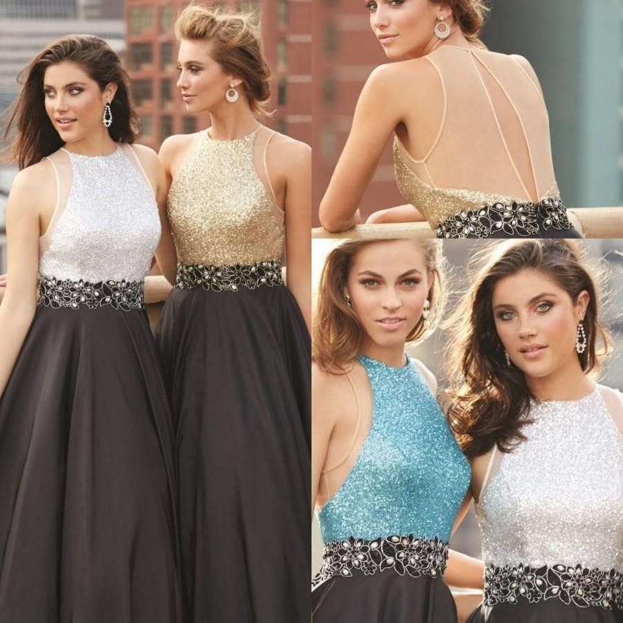 Mariage - Bling Bling 2015 Sequins Evening Dresses Sheer Neck Illusion Back Beads Taffeta Cheap Long Black Prom Gowns A Line Women's Party Dresses Online with $124.61/Piece on Hjklp88's Store 
