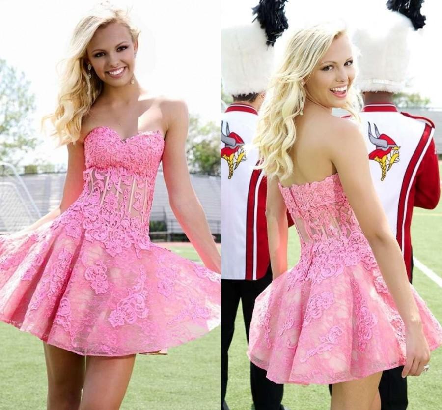 زفاف - Lovely Pink Lace Short Prom Dresses 2015 Applique Homecoming Dresses Sweetheart Neckline New Arrival Short Party Dresses A-Line See Through Online with $104.02/Piece on Hjklp88's Store 