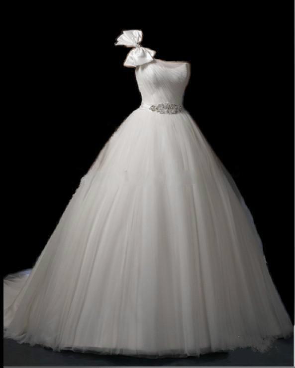 Hochzeit - Best Style Custom-Made Wedding Dresses Ball Gown One Shoulder Beaded Sash Crystal Chapel Train Cheap Bow Tulle A-Line Wedding Gown Dress Online with $127.28/Piece on Hjklp88's Store 