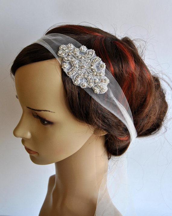Wedding - Veil Great Gatsby Crystal Rhinestone Bridal 1920s Veil tulle Headband Headpiece, Wedding, Art Deco Bridal Rhinestone Tulle Headband,