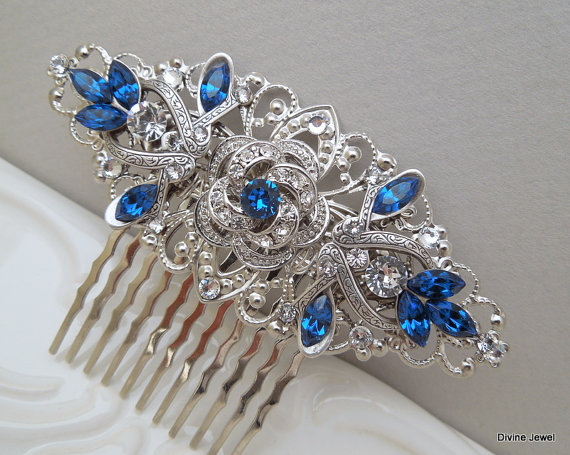 Свадьба - Bridal Rhinestone Hair Comb, Wedding Rhinestone Hair Comb, Rose Rhinestone Hair Comb, Swarovski Crystals,Something Blue Hair Comb,ROSELANI