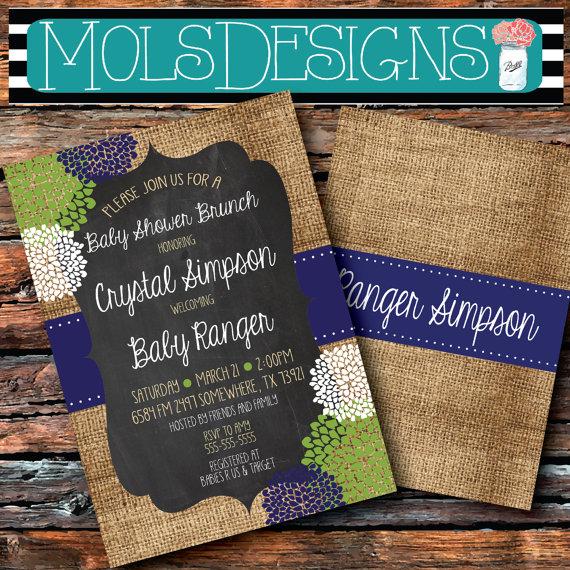 Mariage - Any Color BABY SHOWER BRUNCH Vintage Burlap Chalkboard Navy Lime Green Khaki White Floral Couples Wedding Tea Party 30th Birthday Invitation