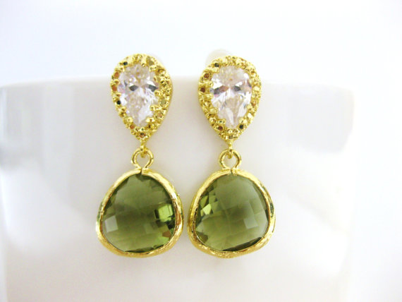 Hochzeit - Dark Olive Teardrop Dangle Earrings Teardrop Earrings Cubic Zirconia Wedding Jewelry Bridesmaid Gift Bridal Earrings Gold Earrings (E099)