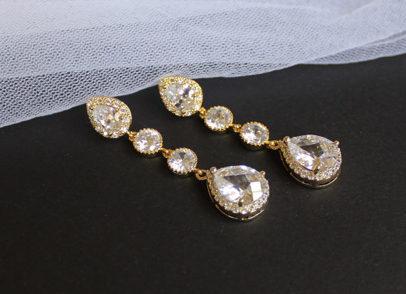 زفاف - GOLD Teardrop Crystal Earrings, Crystal Teardrop Bridal Earrings, Clip on Earring Version,  Bridal Jewelry, Wedding Jewelry