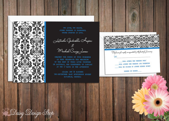 زفاف - Wedding Invitation - Damask in Black and White with Colorful Accent - Invitation and RSVP Card with Envelopes