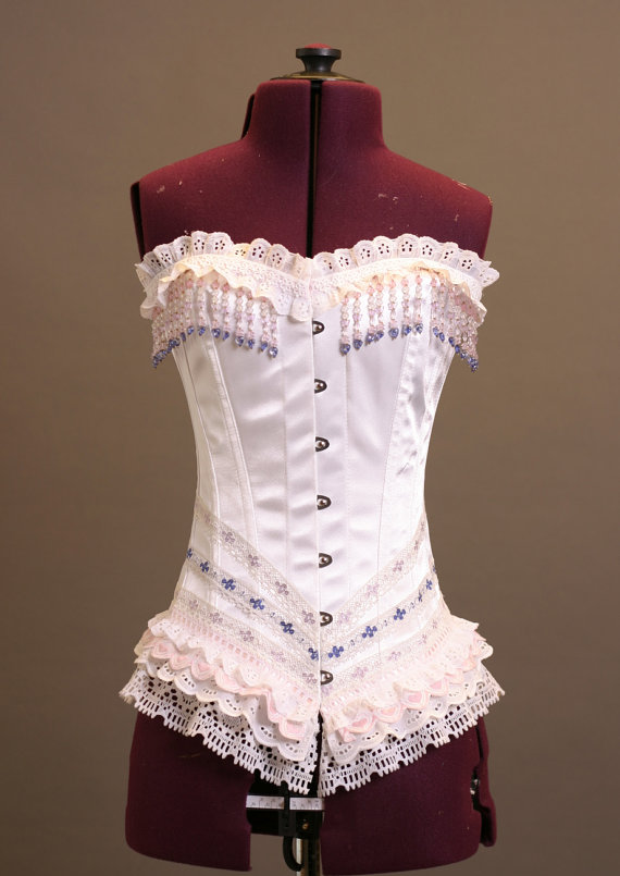 Свадьба - Lolita inspired White satin corset with ruffles, lace, beaded trim, hearts Burlesque XS Steel Boned