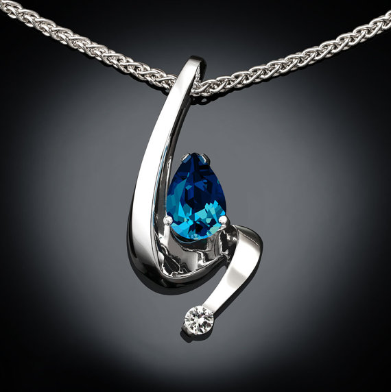 Mariage - blue topaz necklace - Argentium silver - white sapphire - London blue topaz - wedding - fine jewelry - 3380