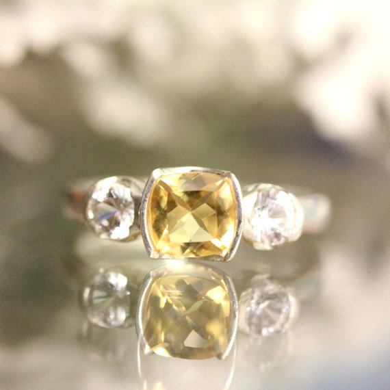 زفاف - Golden Citrine And White Topaz Sterling Silver Ring, Gemstone Ring, Three Stones Ring, Engagement Ring, Stacking Ring -Made To Order