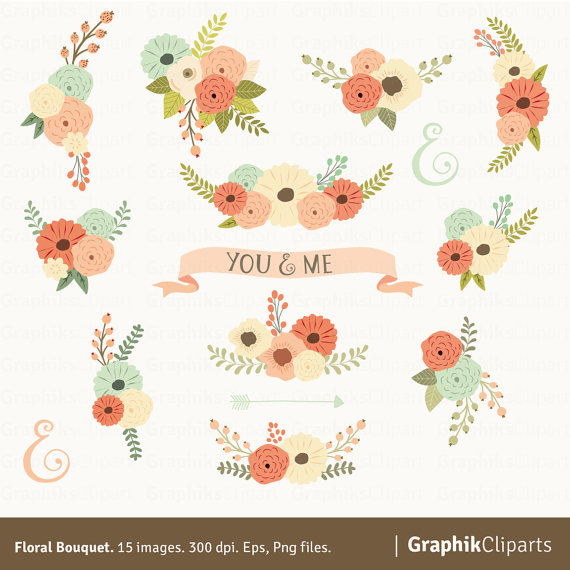 Hochzeit - Floral Bouquet Clipart. Floral Clipart. Flowers Clipart. Wedding Invitation. 15 images, 300 dpi. Eps, Png files. Instant Download.