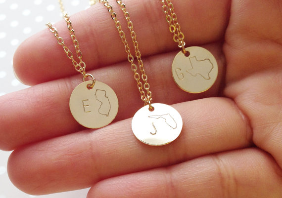 Wedding - Personalized State and Initial Charm Necklace, Monogram Necklace, State Necklace, Bridesmaid Necklace, Birthday Gift, Graduation Gift