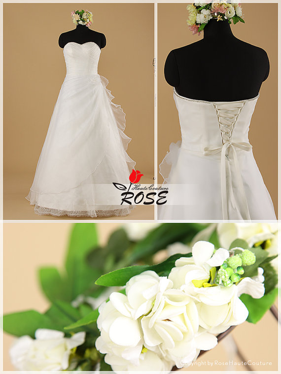 Wedding - A Line Sweetheart Wedding Dresses with Organza Ruffles Hand-made Flowers and Beaded Details Style WD010