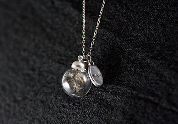 زفاف - MINI pure&simple - TINY necklace with Real Dandelion Seeds in glass orb and WISH charm. Delicate and elegant jewelry for her!