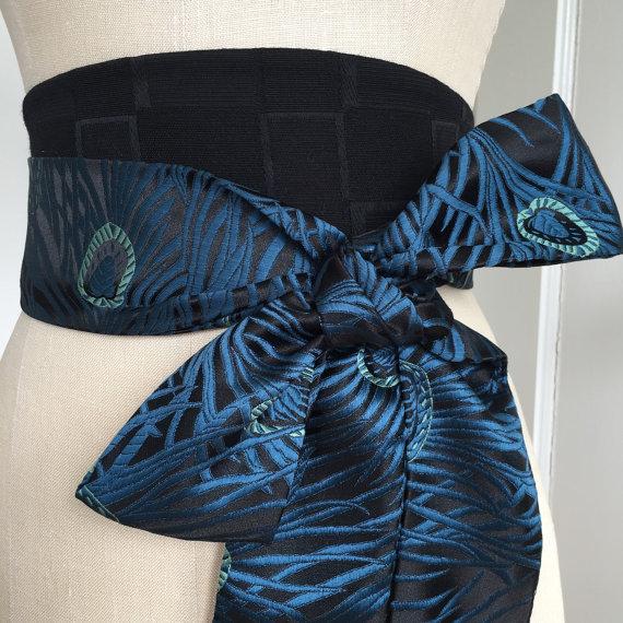 Mariage - Reversible peacock feather obi, teal brocade obi sash belt, bridal sash , wedding belt obi, waist cincher 