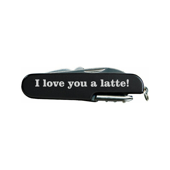 Hochzeit - I love you a latte! Quote Laser Engraved Black Multi Tool Multitool Pocket Knife
