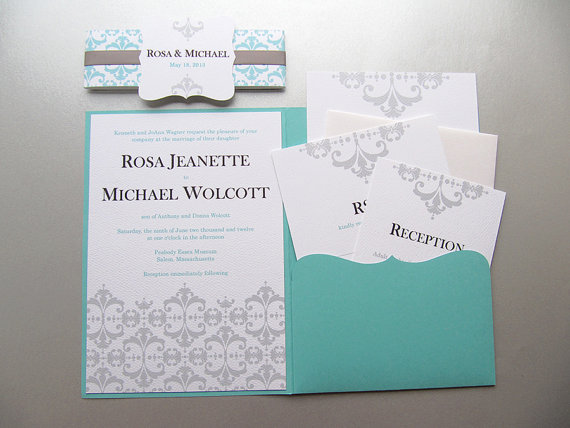 Wedding - Aqua Blue, T. Blue Pocketfold Wedding Invitation Suite  - Sample