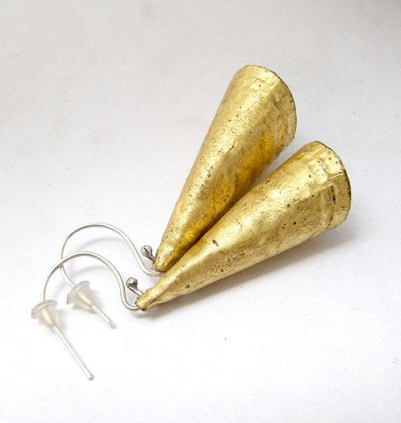 Wedding - gold leaf cone dangles, bottlecap earrings, cone earrings, eco design jewelry, eco friendly jewellery