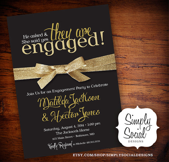 زفاف - Black and Gold Glitter Ribbon Engagement Party Invitation