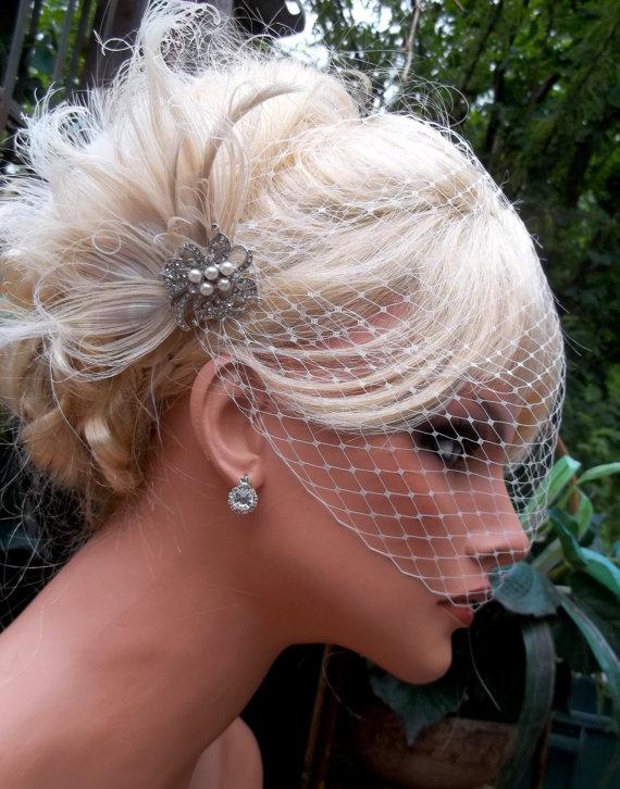 Mariage - Wedding bridal hair fascinator and french net birdcage veil, vintage style brooch, feather fascinator  OOAK
