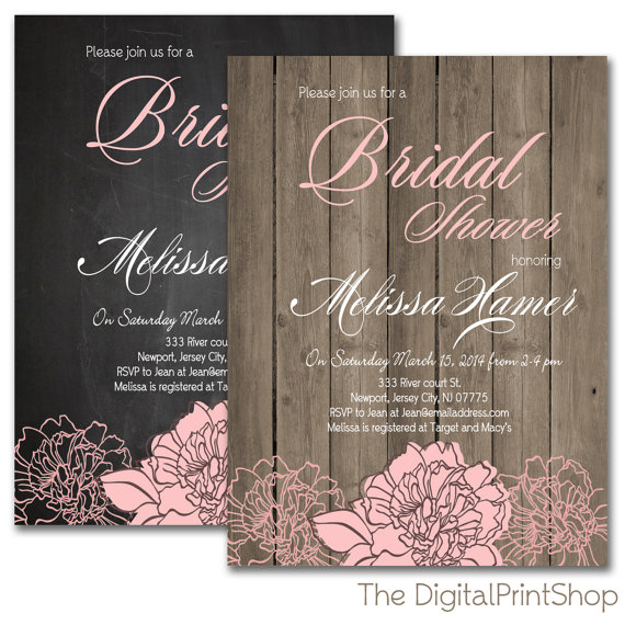 Mariage - Elegant Rustic Garden, Bridal shower INVITATION invite, wood pink peonies chalkboard, shabby chic Printable DIY 112 Digital Downloadable jpg