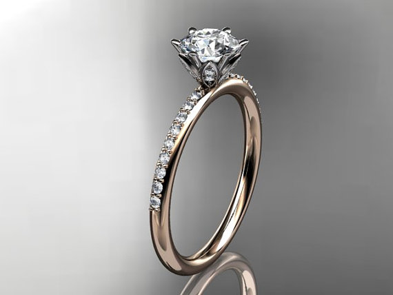 Wedding - 14kt rose gold diamond unique engagement ring,wedding ring with Forever Brilliant moissanite, ADER145
