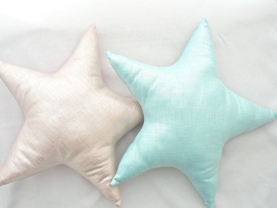 Wedding - Blue Metallic Linen Star Shaped Pillow - Nursery, Wedding Decor