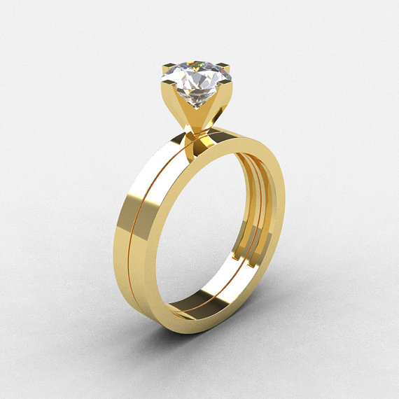 زفاف - Modern 10K Yellow Gold 1.0 CT White Sapphire Solitaire Engagement Ring, Wedding Band Bridal Set R186S-10KRGWS