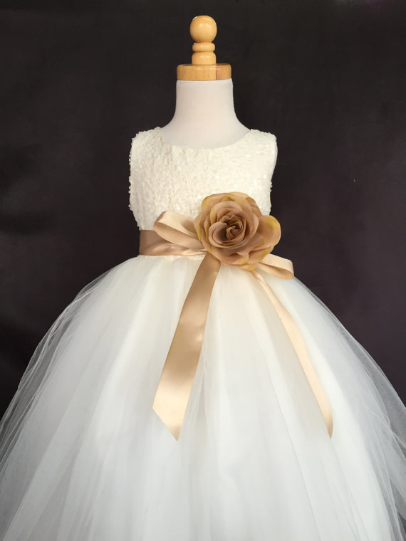 زفاف - Ivory Wedding Bridal Bridesmaids Sequence Tulle Flower Girl dress Toddler S M L XL 0 9 12 18 24 Months 2 4 6 8 10 12 14 Sash Color 24