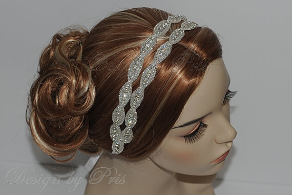 Hochzeit - NEW  Bridal Double Rhinestone Applique Ribbon Headband.Wedding Accessories.Bridal Rhinestone Headpiece.RAH 0415001