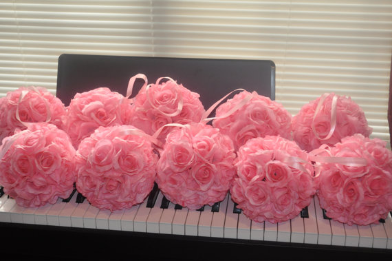 زفاف - Set of 10 baby Pink Silk Rose Pomanders