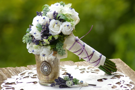 Wedding - Dried lavender Rose Bouquet and FREE boutonniere