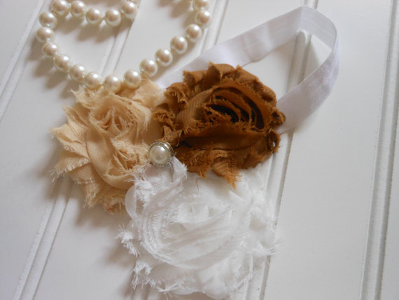 Hochzeit - Baby Hair Bow-Brown, Tan and White Frayed flower Shabby Chic for Baptism, Weddings