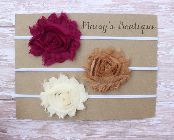 Mariage - Set of 3- Plum, Ivory and Dark Beige Shabby Flower Headband Set/ Headband/ Newborn Headband/ Baby Headband/ Wedding/ Photo Prop